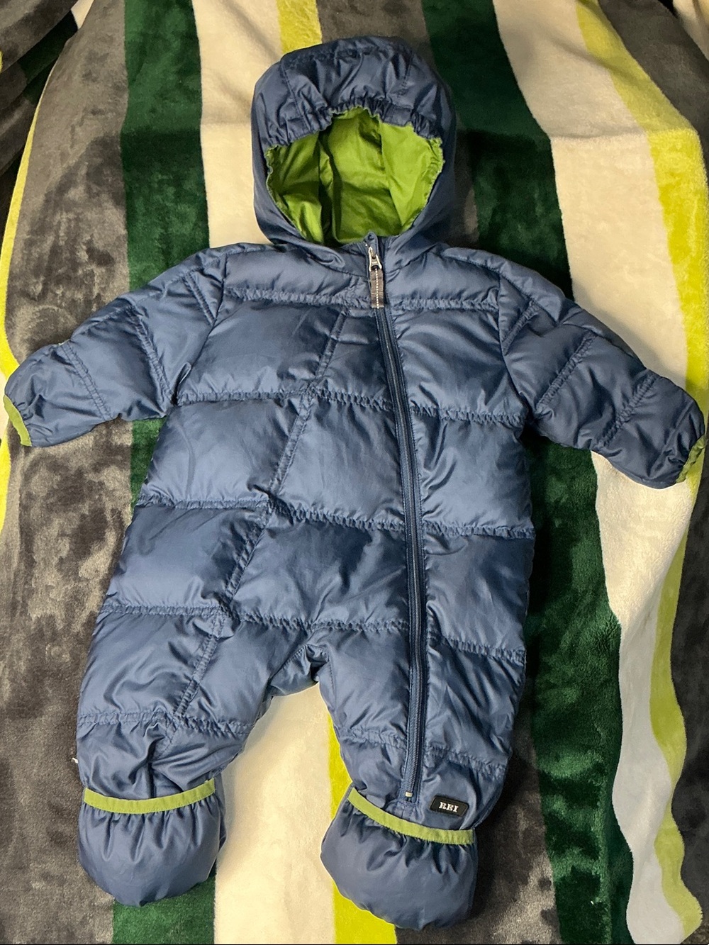REI Blue Puffer Baby One-Piece with Green Lining